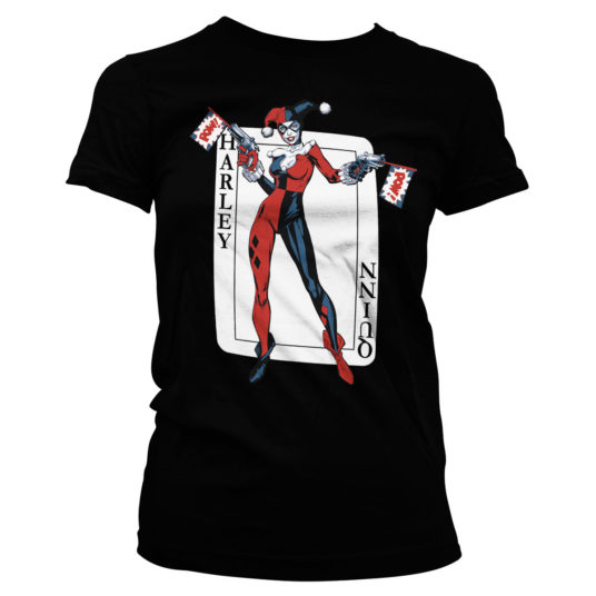 Sort t-shirt til damer med Harley Quinn foran et spillekort tryk