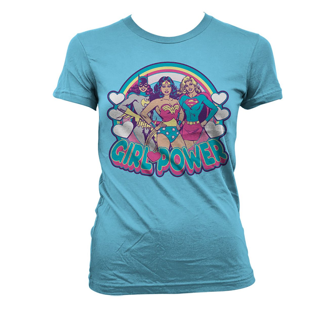 Lyseblå T-shirt til damer med Girlpower og Batgirl, Wonder Woman og Supergirl trykt på brystet