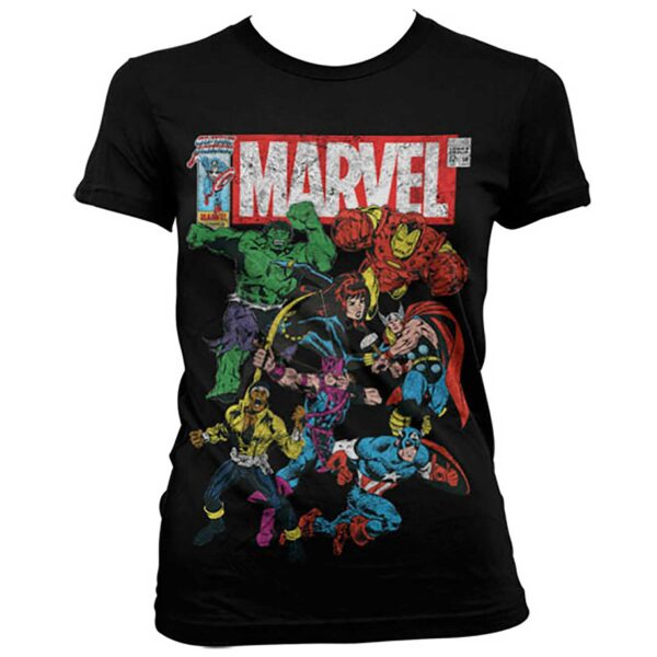Sort Marvel T-shirt til damer med farskellige Marvel figurere trykt på brystet