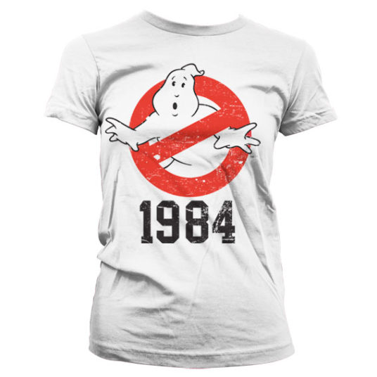 Hvid Ghostbusters T-shirt til damer med det klassiske logo og 1984 trykt på brystet