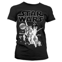 Sort Star Wars T-shirt til damer med den klassiske plakat trykt på brystet i sort hvid
