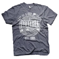 Mørkegrå T-shirt med vintage-design af Hill Valley Clock Tower og teksten Save the Clock Tower samt Back to the Future-logoet.