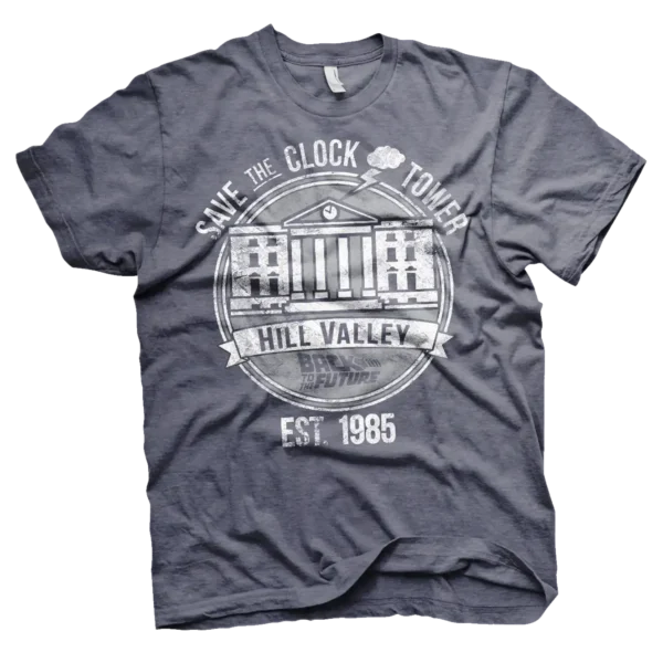 Mørkegrå T-shirt med vintage-design af Hill Valley Clock Tower og teksten Save the Clock Tower samt Back to the Future-logoet.