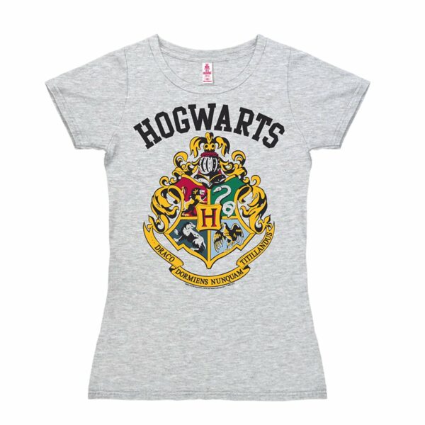 Grå T-shirt til damer med Hogwarts emblemet trykt på brystet