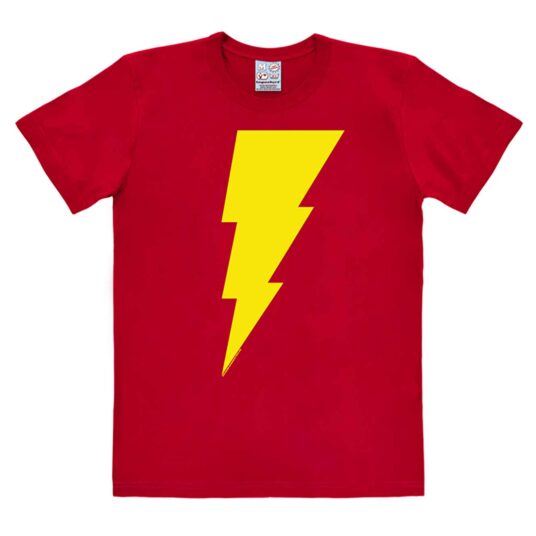 Rød Shazam T-shirt med det klassiske lyn trykt på brystet