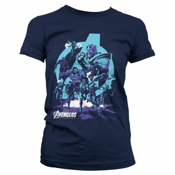 Navy blå t-shirt til damer med lyseblåt tryk af the Avengers