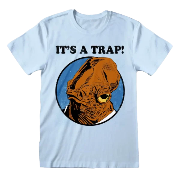 Lysblå T-shirt med en illustration af Admiral Ackbar og teksten "It's a trap!" i sort skrifttype.