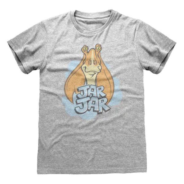 Grå T-shirt med en tegneseriestil illustration af Jar Jar Binks og teksten "Jar Jar" i en blå skybaggrund.