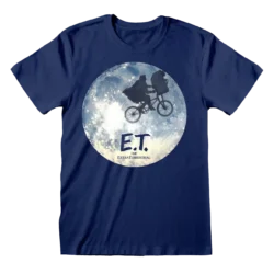 Mørkeblå T-shirt med motiv af Elliot og E.T. på cykel foran en stor fuldmåne samt teksten "E.T. The Extra-Terrestrial" nederst.