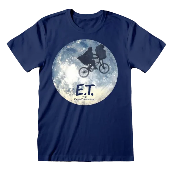 Mørkeblå T-shirt med motiv af Elliot og E.T. på cykel foran en stor fuldmåne samt teksten "E.T. The Extra-Terrestrial" nederst.