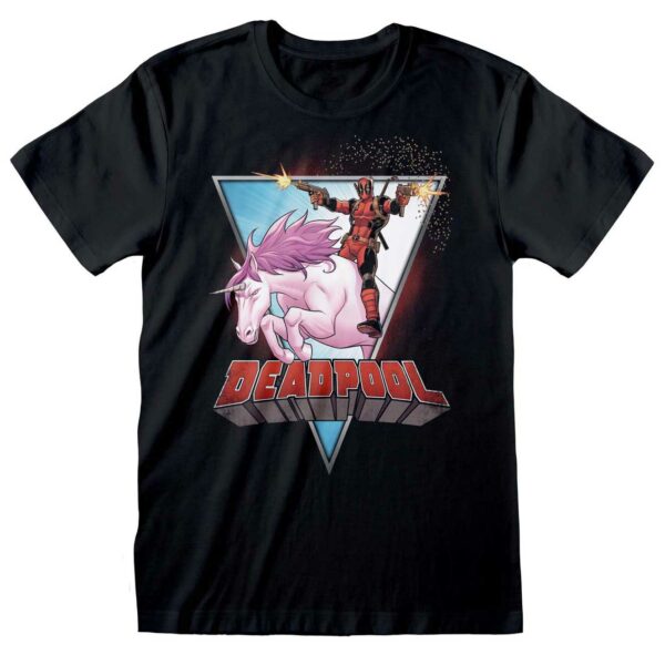 Sort T-shirt med Deadpool der ridder på en enhjørning