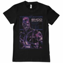 Sort Terminator T-shirt med Terminatoren på og endoskeleton skrevet på