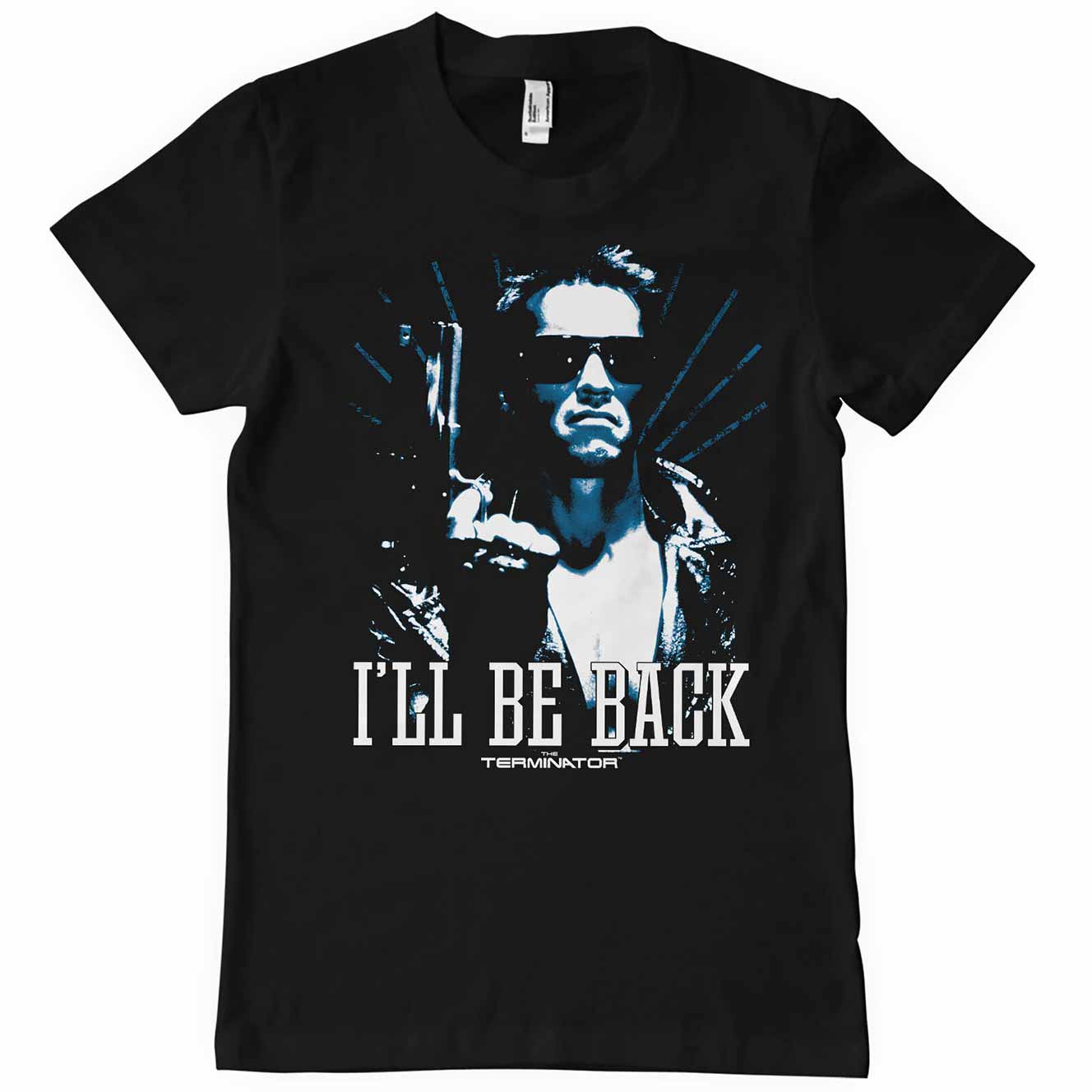 Sort T-shirt med Arnold som Terminatoren der siger i'll be back trykt på brystet