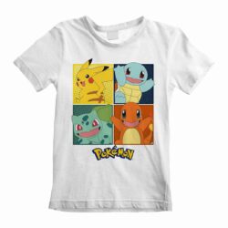Hvid Pokémon t-shirt til børn med Pikachu, Squirtle, Bulbasaur og Charmander trykt på brystet