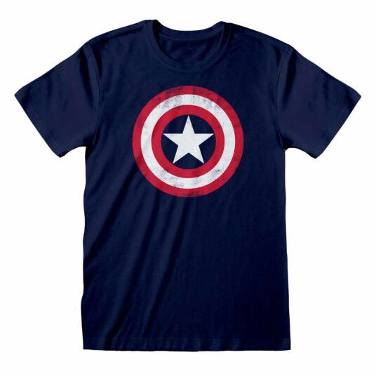 Navyblå T-shirt med Captain Americas Logo trykt på brystet