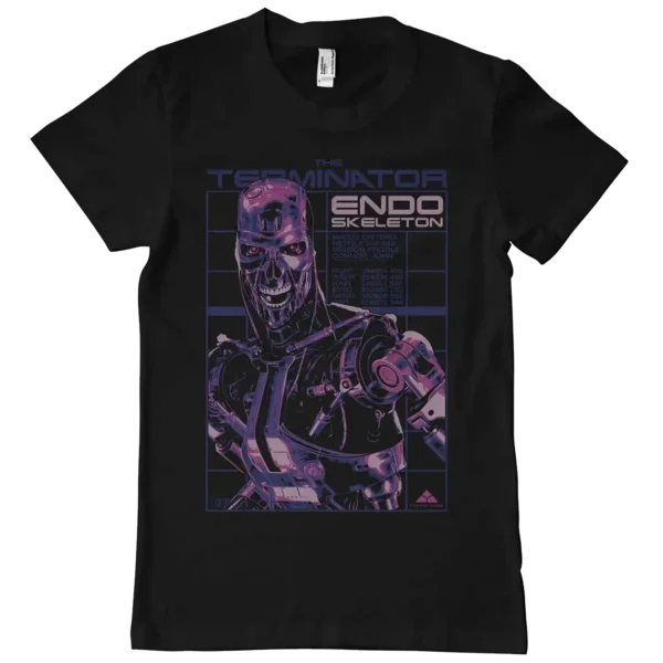 Sort Terminator T-shirt med Terminatoren på og endoskeleton skrevet på