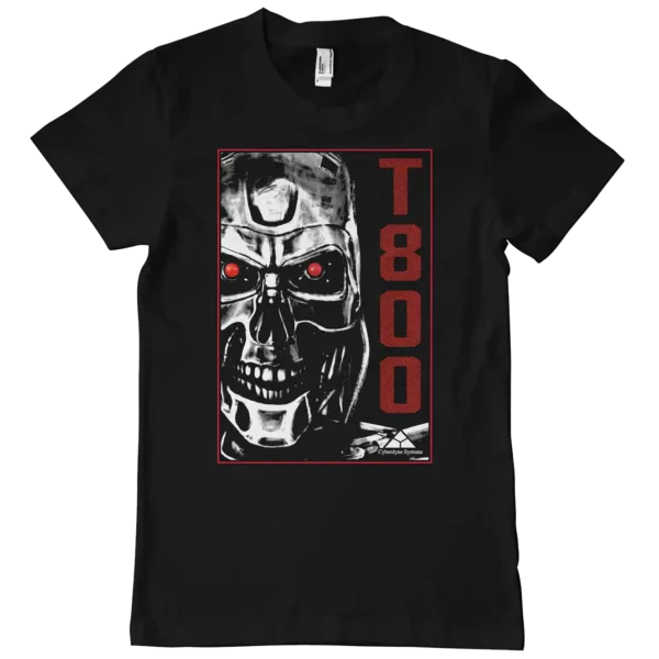 Sort T-shirt med T800 terminatoren trykt på brystet