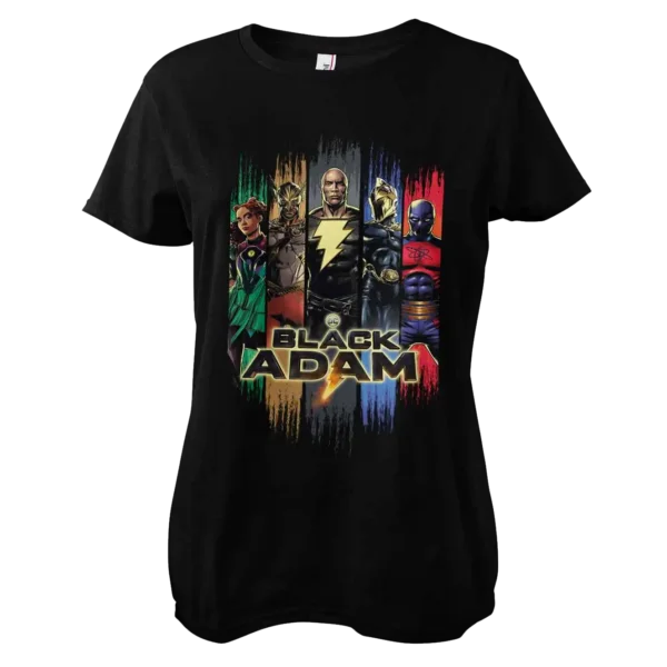 Sort T-shirt til damer med karakterene fra Black Adam filmen