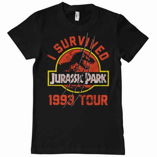 Sort Jurassic Park T-shirt med det klassiske logo og teksten I survived 1993 tour