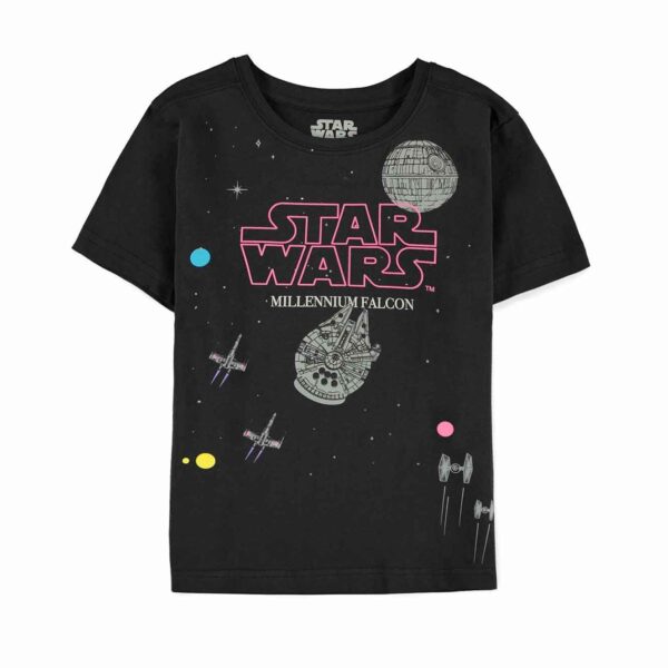 Sort Star Wars T-shirt til børn med the millenium falcon på vej mod dødstjernen
