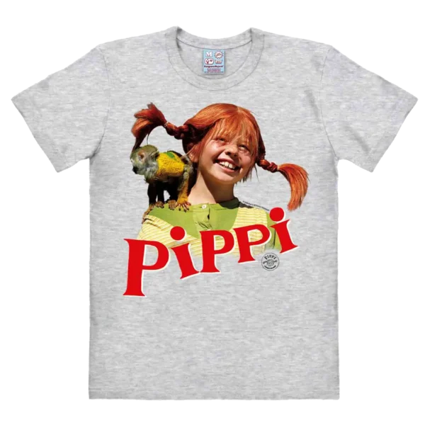 Grå Pippi Langstrømpe T-shirt med Pippi og Hr. Nelson trykt på brystet