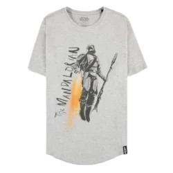 Grå T-shirt med The Mandalorian i beskar-rustning, svævende med jetpack og riffel, samt teksten "The Mandalorian" langs siden.