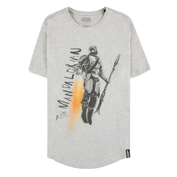 Grå T-shirt med The Mandalorian i beskar-rustning, svævende med jetpack og riffel, samt teksten "The Mandalorian" langs siden.