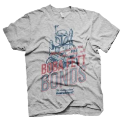 Grå T-shirt med en vintage reklame for "Boba Fett Bonds", hvor Boba Fett poserer med sine våben og teksten "No disintegrations! Guaranteed!".