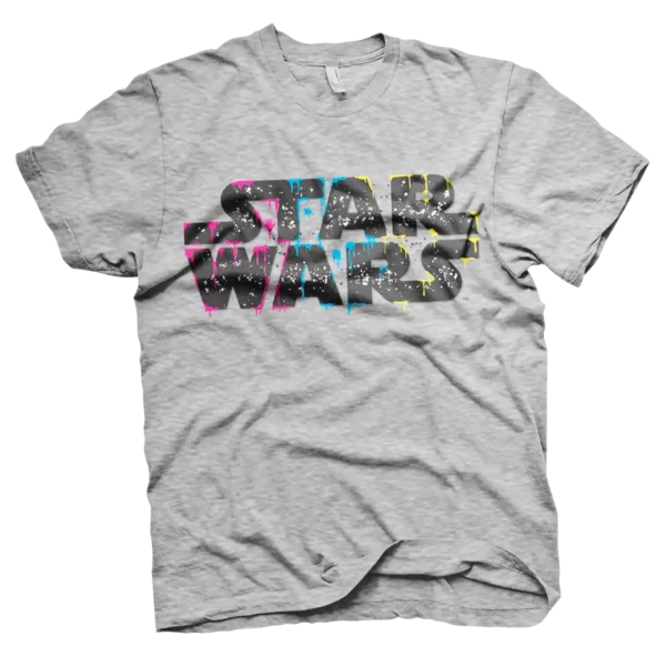 Grå T-shirt med et farverigt graffiti-inspireret Star Wars-logo med dryppende maling i blå, pink og gul.