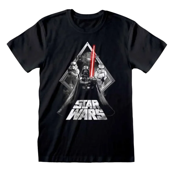 Sort T-shirt med Darth Vader i en dramatisk sort-hvid illustration, hans røde lyssværd og Star Wars-logoet nedenunder.