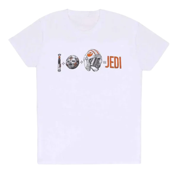 Hvid T-shirt med en formel-lignende illustration: et lyssværd, en træningsbold og en X-Wing hjelm, som tilsammen bliver til "JEDI".