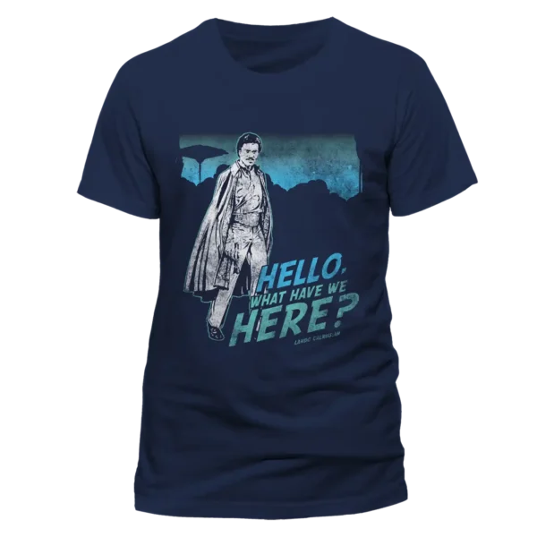 Navyblå T-shirt med et stiliseret billede af Lando Calrissian og teksten "Hello, what have we here?".