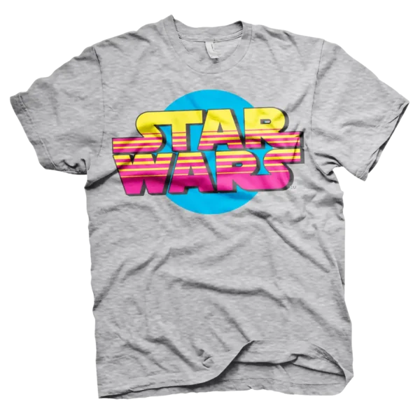 Grå T-shirt med et retro Star Wars-logo i gul, pink og rød, med en blå cirkel bagved.
