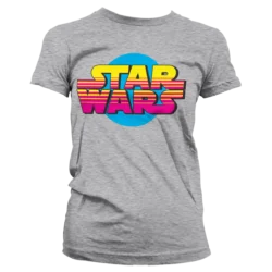 Grå T-shirt til damer med farverigt 80'er inspireret logo trykt på brystet