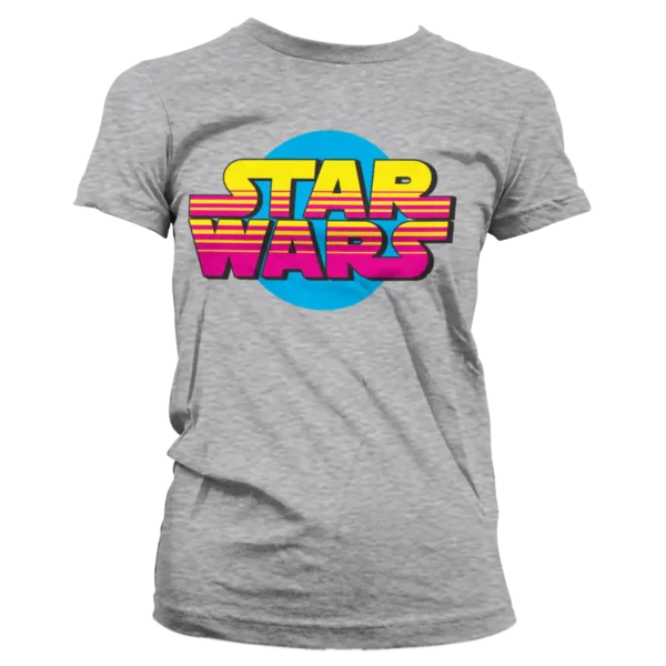 Grå T-shirt til damer med farverigt 80'er inspireret logo trykt på brystet