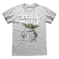 Grå T-shirt med en skitse af Baby Yoda (Grogu) i sin kåbe og Star Wars-logoet i baggrunden.