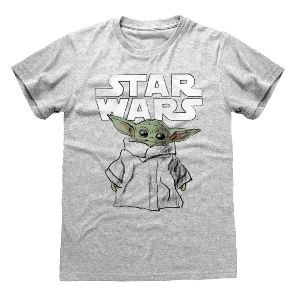Grå T-shirt med en skitse af Baby Yoda (Grogu) i sin kåbe og Star Wars-logoet i baggrunden.