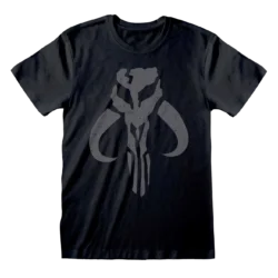 Sort T-shirt med en slidt grå illustration af Mythosaur-kraniet, symbolet på Mandaloriansk arv.