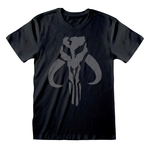 Sort T-shirt med en slidt grå illustration af Mythosaur-kraniet, symbolet på Mandaloriansk arv.