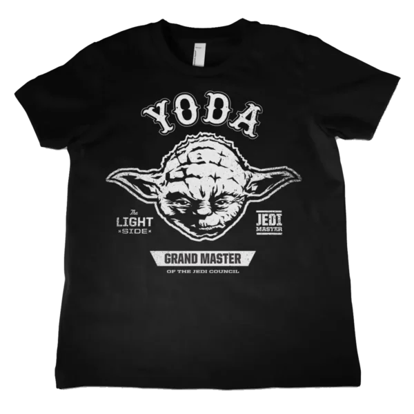 Sort Børne-T-shirt med en grafisk illustration af Yoda i hvidt og teksten "Grand Master of the Jedi Council".