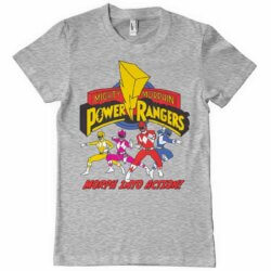 Grå Power Rangers T-shirt med de fire rangers på logoet og tekste Morph into action