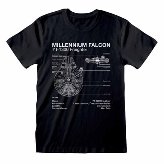 Sort Star Wars T-shirt med et blueprint af Millennium Falcon trykt på brystet