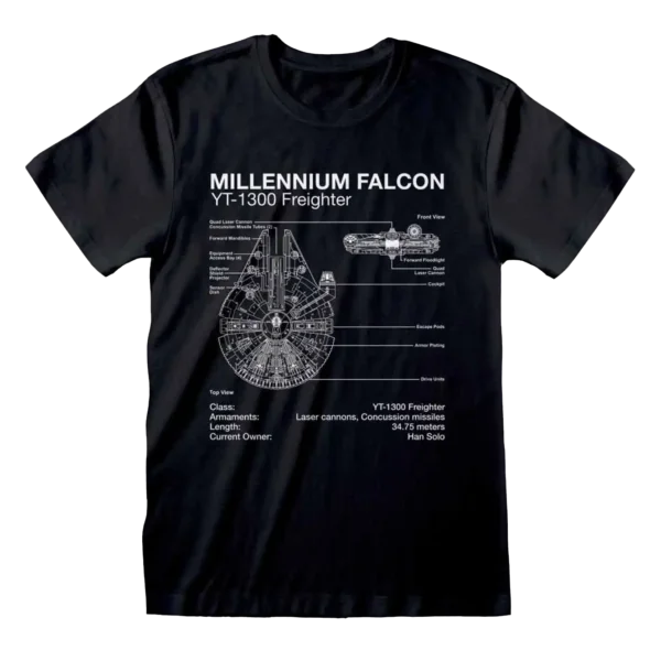 Sort Star Wars T-shirt med et blueprint af Millennium Falcon trykt på brystet