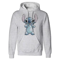 Grå hoodie med en illustration af Stitch fra Lilo & Stitch, hvor han laver en sjov grimasse.