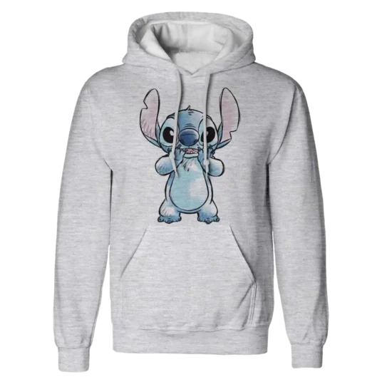 Grå hoodie med en illustration af Stitch fra Lilo & Stitch, hvor han laver en sjov grimasse.