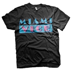 Sort T-shirt med Miami Vice-logo i blå, pink og turkis med et let slidt vintage-look.