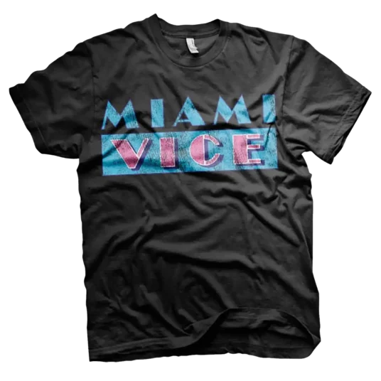 Sort T-shirt med Miami Vice-logo i blå, pink og turkis med et let slidt vintage-look.