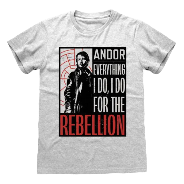Grå T-shirt med et motiv af Cassian Andor og teksten "Everything I do, I do for the Rebellion" i sort og rød.