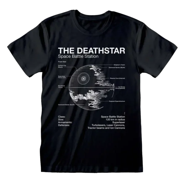 Sort T-shirt med et blueprint-design af Dødsstjernen, inklusive tekniske specifikationer og detaljer.