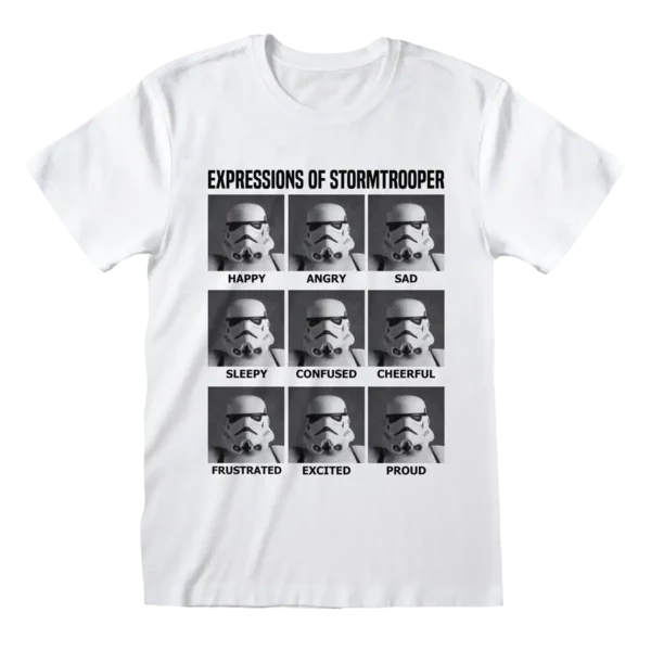 Hvid T-shirt med ni billeder af en Stormtrooper-maske, hver med forskellige følelsesbetegnelser som "Happy", "Angry" og "Sad".